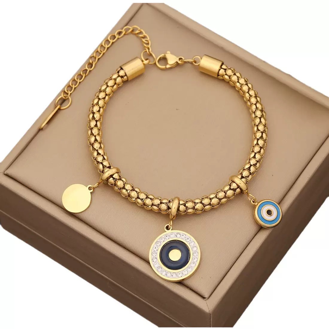 Amara 18K gold plated stainless steel beaded bracelet featuring sparkling evil eye charms, crystal accents and an adjustable lobster clasp.