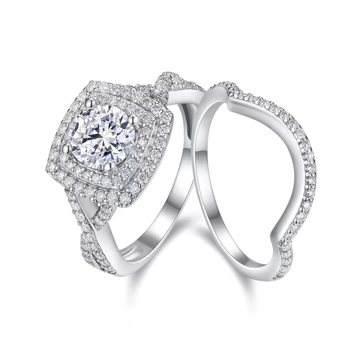 Evari™ Luxury Hexagon Halo Moissanite Bridal Ring Set crafted in platinum plated S925 sterling silver featuring a 6.5mm round moissanite centre stone with matching wedding band.