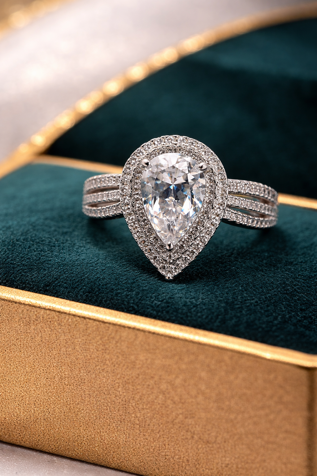 Vantelle pear cut halo engagement ring crafted in 925 sterling silver with white gold plating and a sparkling 5A cubic zirconia centre stone.