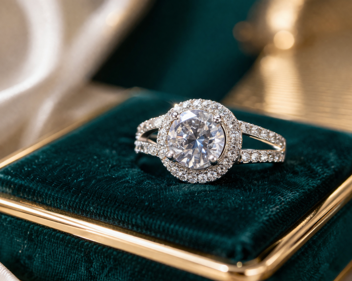Elysian 1.5ct Round Halo Moissanite Engagement Ring crafted in 925 Sterling Silver with White Gold Plating featuring a split shank band and brilliant halo setting.